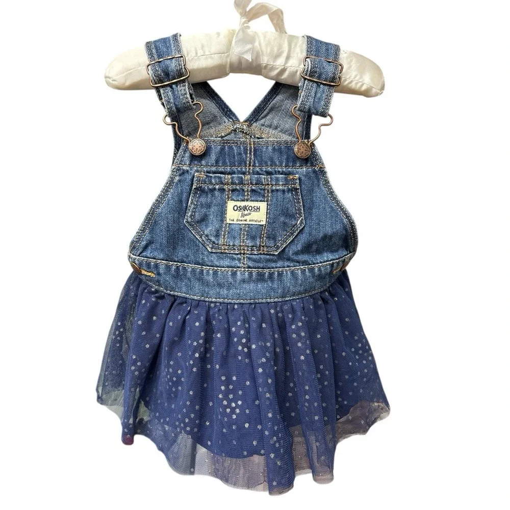 OshKosh Bgosh Jean Toddler Denim Navy Tulle Silver Glitter Dot Jumper Dress 9 MO
